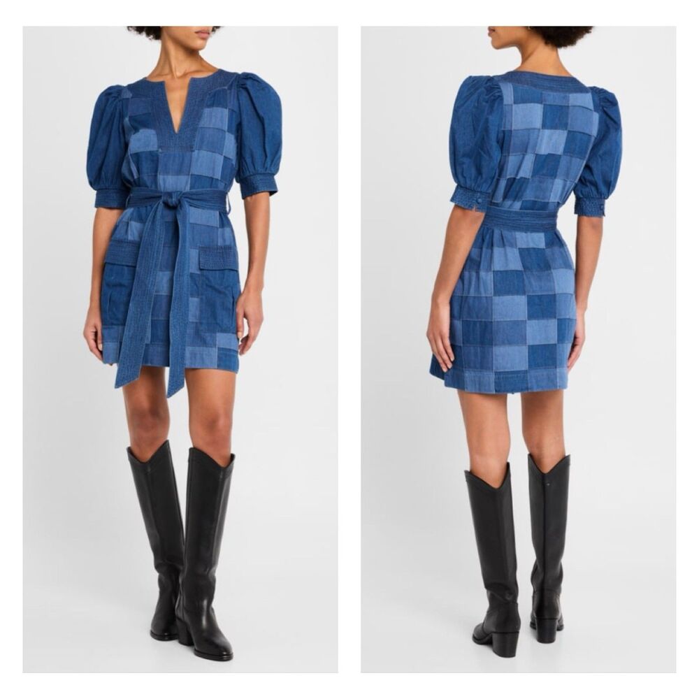 LOVE THE LABEL Shelby Patchwork Denim Mini Dress, Belted, Sz S